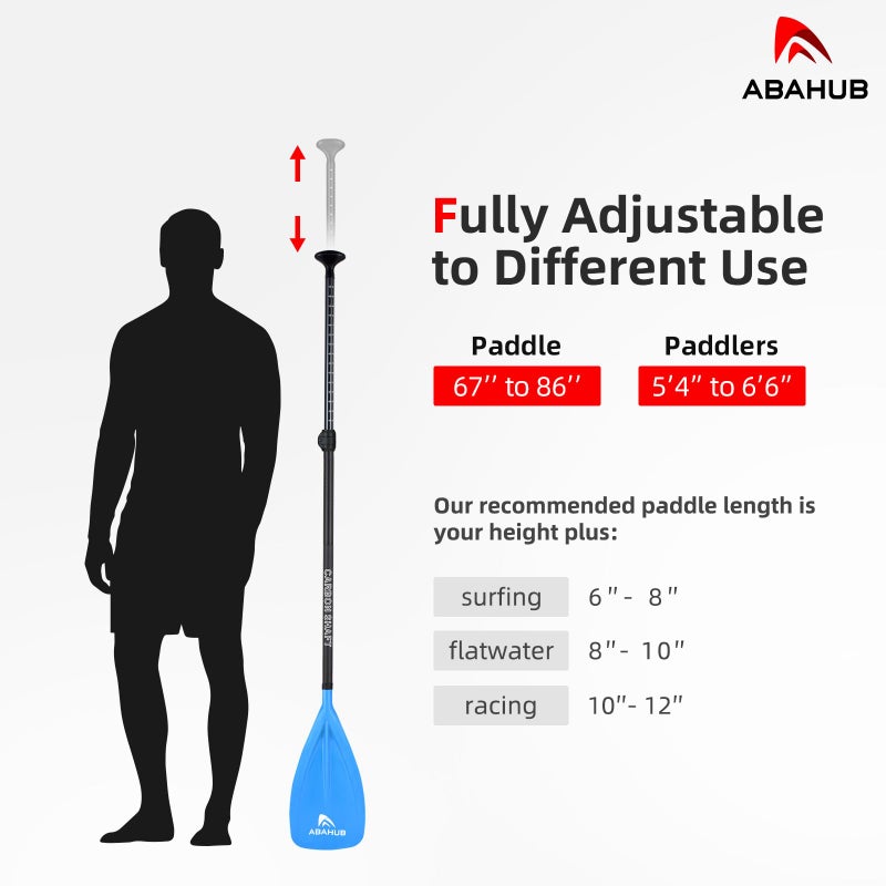 Abahub عصا التجديف Abahub 1 x 3 قسم من ألياف الكربون، قابلة للتعديل 67''-86''، عصا خفيفة الوزن من الكربون، شفرة بلاستيكية زرقاء + حقيبة عصا التجديف - Image 4